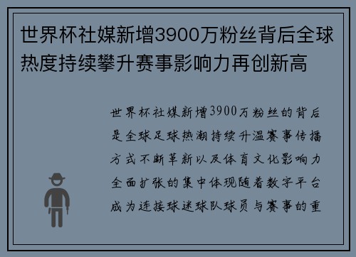 世界杯社媒新增3900万粉丝背后全球热度持续攀升赛事影响力再创新高